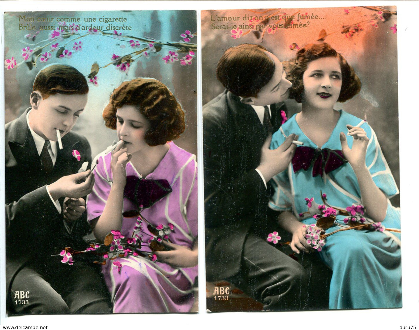 LOT 2 CPA Ecrites En 1929 * Jeune Couple Fumant La Cigarette Mon Coeur Comme Une Cigarette ... L'amour N'est Que Fumée - Paare