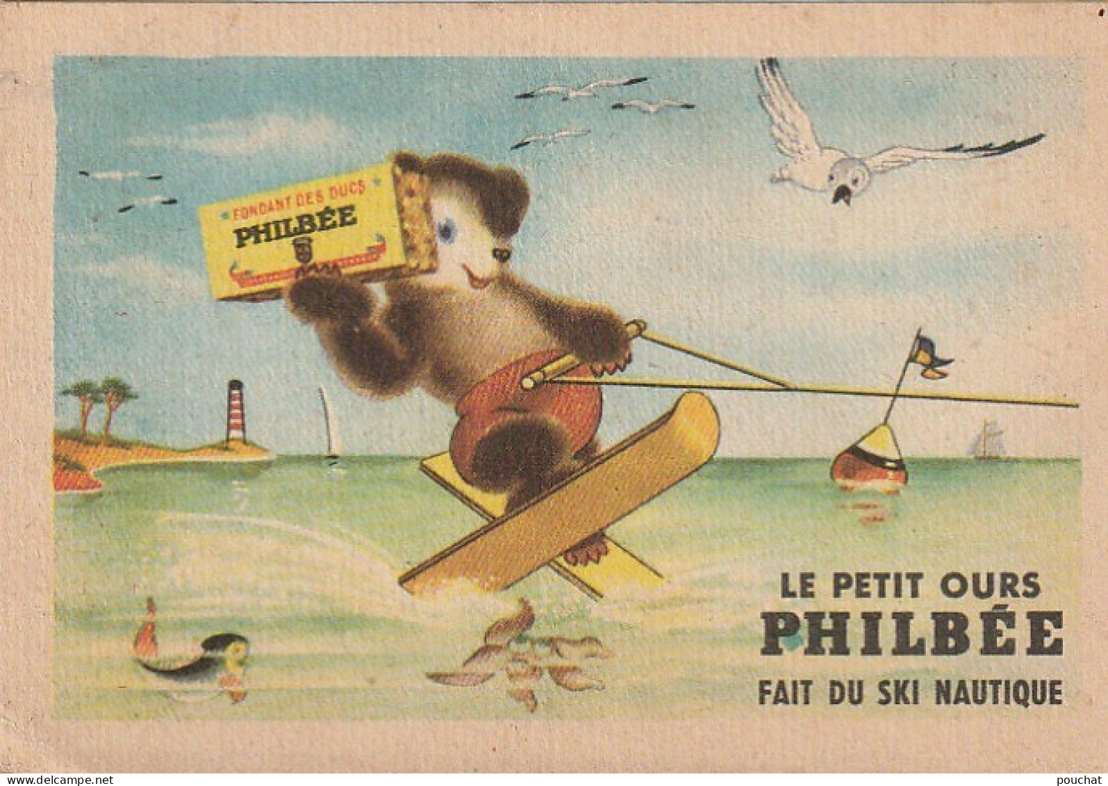 Z+ 25- LE PETIT OURS PHILBEE FAIT DU SKI NAUTIQUE - CHROMO PUB. PAIN D' EPICES DE DIJON - OURSON , MOUETTE , PIEUVRE - Andere & Zonder Classificatie