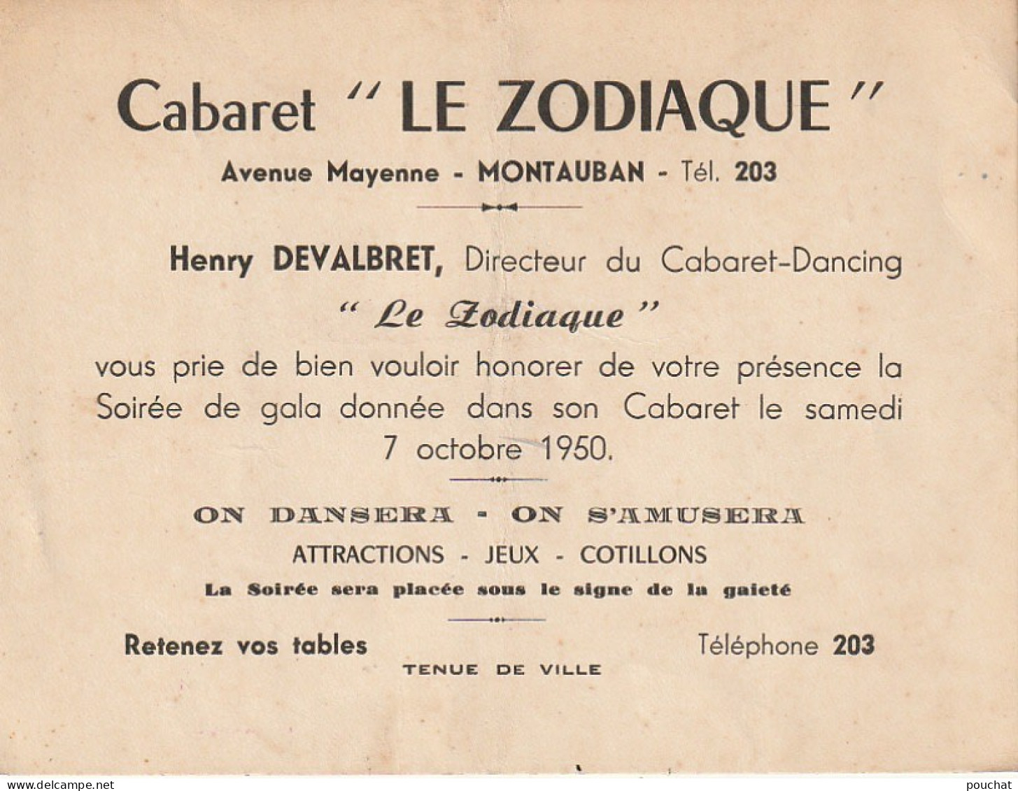 Z+ 25-(82) CABARET " LE ZODIAQUE "- DEPLIANT 2 VOLETS , TARIFS - INVITATION SOIREE DE GALA - H. DEVALBRET , DIRECTEUR - Cartes De Visite