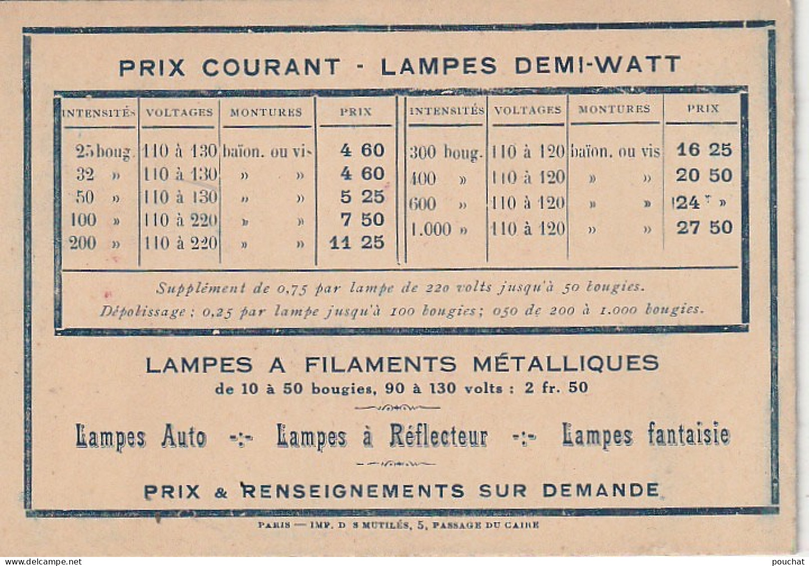 Z+ 25- (75) Cie DES ACHATS PARISIENS , DEPT ELECTRICITE , PARIS 9e - LAMPES FILAMENTS METALLIQUES - TARIFS - Elektrizität & Gas