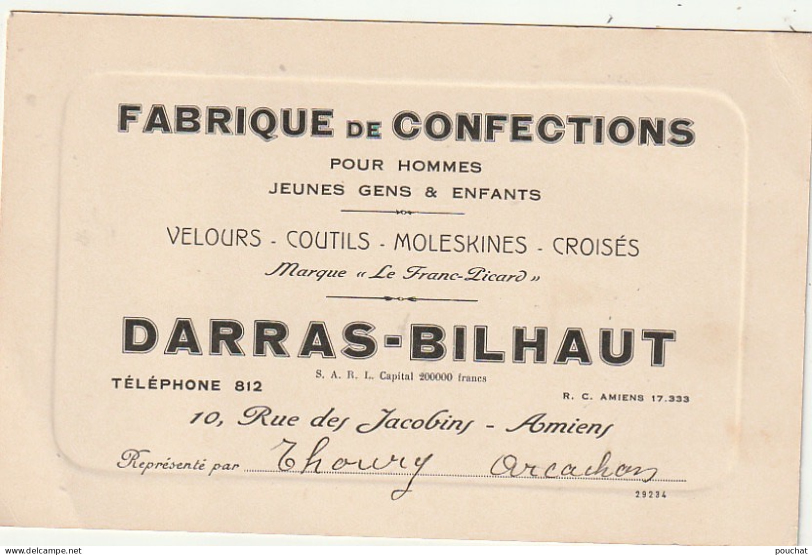 Z+ 25-(80) DARRAS BILHAUT , AMIENS - FABRIQUE DE CONFECTIONS - REPRESENTANT THOURY , ARCACHON - CARTE DE VISITE - Visitenkarten