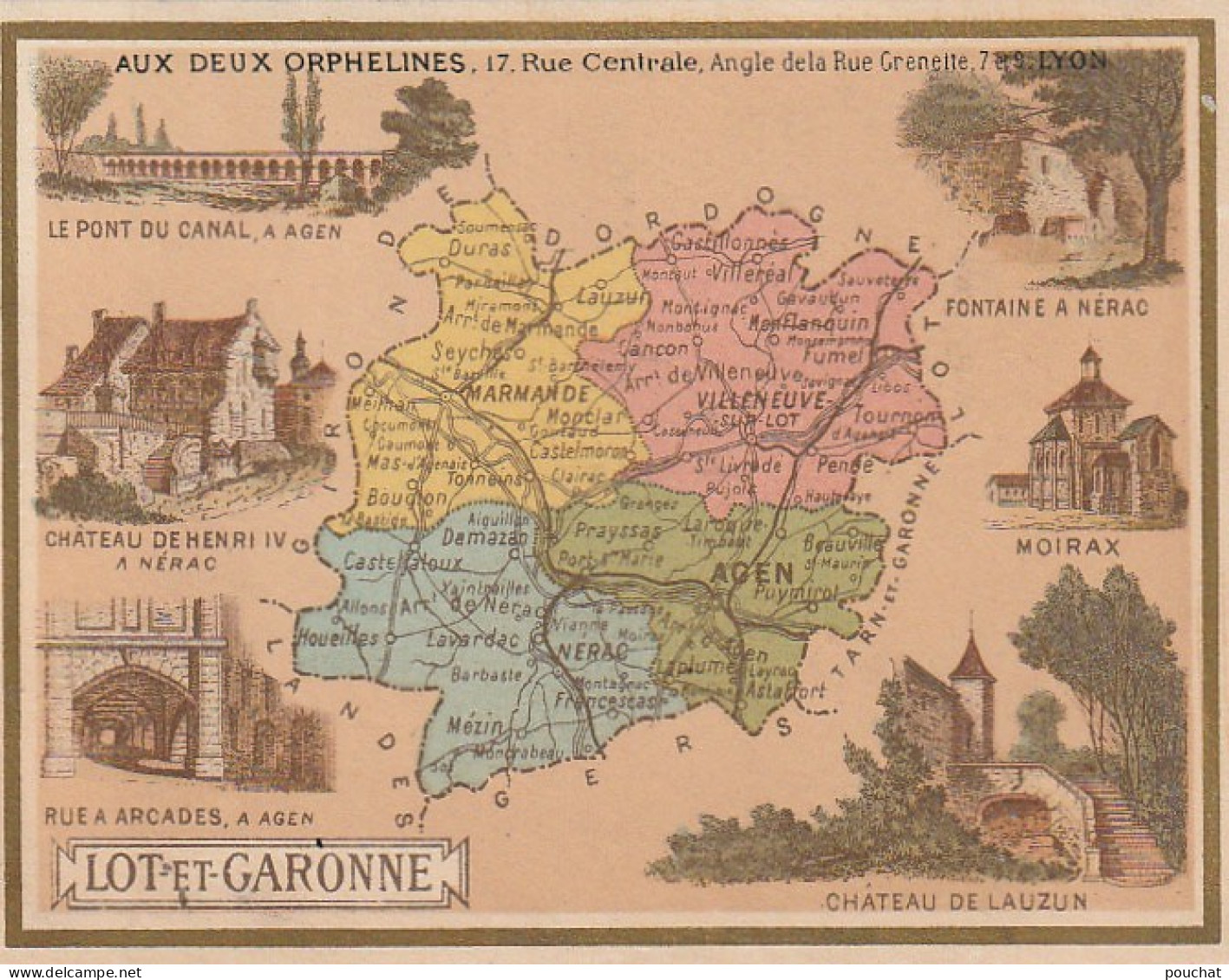 Z+ 26-(47) CHROMO DEPARTEMENT LOT ET GARONNE - CARTE PUB  MAGASINS " AUX DEUX ORPHELINES " , PAUL BOURCHET , LYON (69 ) - Autres & Non Classés