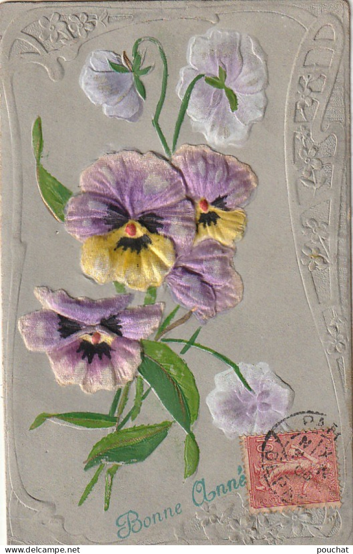 Z++ 1- " BONNE ANNEE " - CARTE FANTAISIE GAUFREE - FLEURS PENSEES ASPECT VELOURS - 2 SCANS - New Year