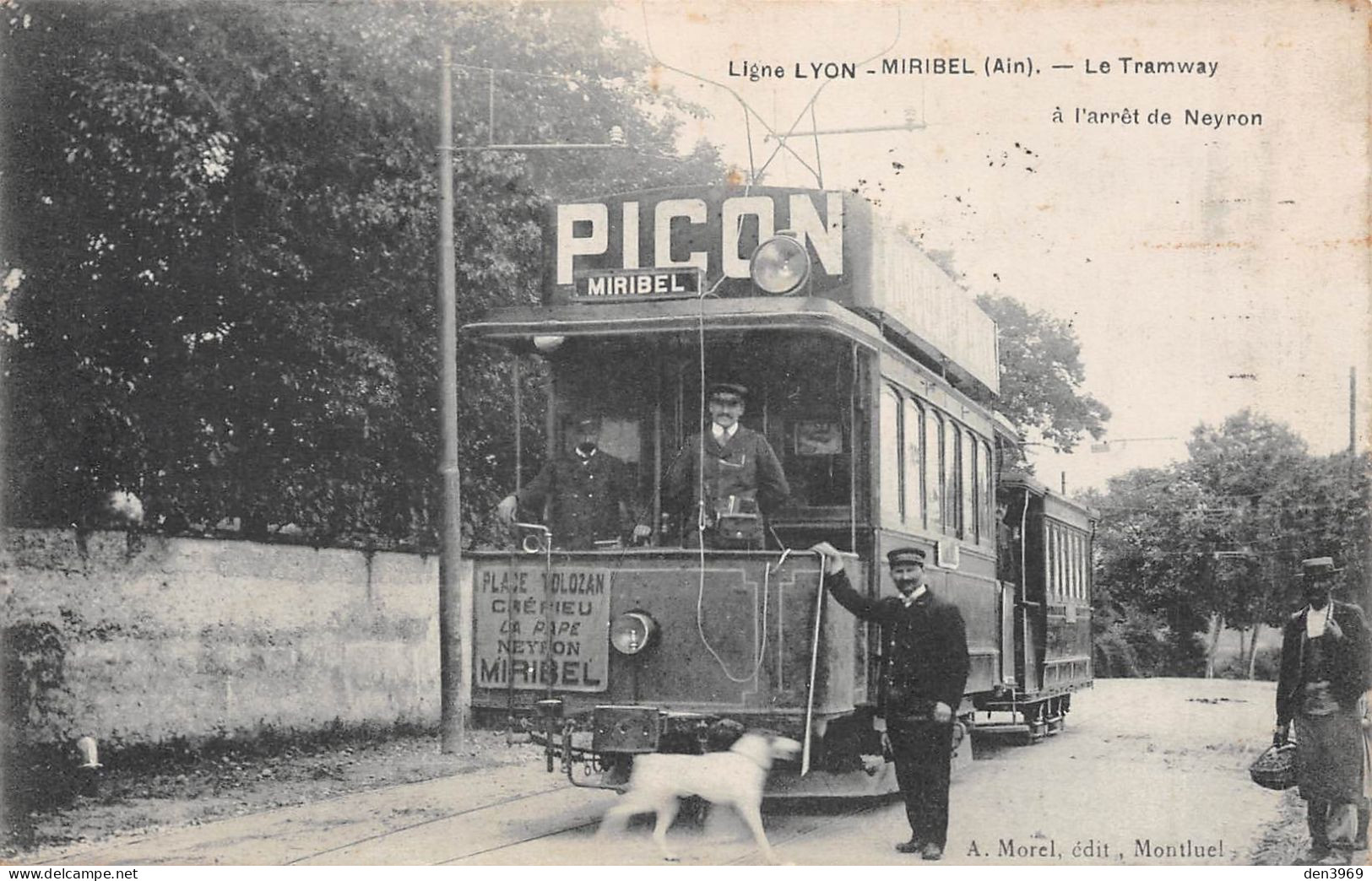 MIRIBEL (Ain) - Le Tramway - Ligne Lyon, à L'arrêt De Neyron - Crépieu-la-Pape - Publicité Picon - Voyagé 1914 (2 Scans) - Unclassified