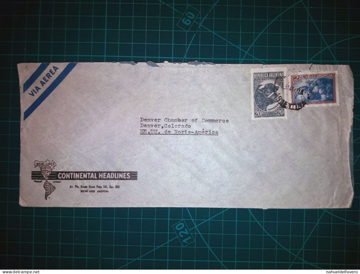ARGENTINE, Enveloppe De "Continental Headlines" Distribuée à Denver, Colorado, EE.UU . Timbre-poste :  élevage Et Cultur - Used Stamps