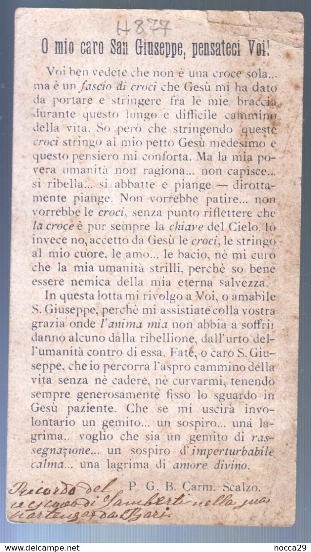 ANTICO SANTINO - S.GIUSEPPE - ANNOTAZIONE A PENNA: RICORDO DELLA PARTENZA DA BARI DEL VESCOVO LAMBERTI  (H877) - Images Religieuses