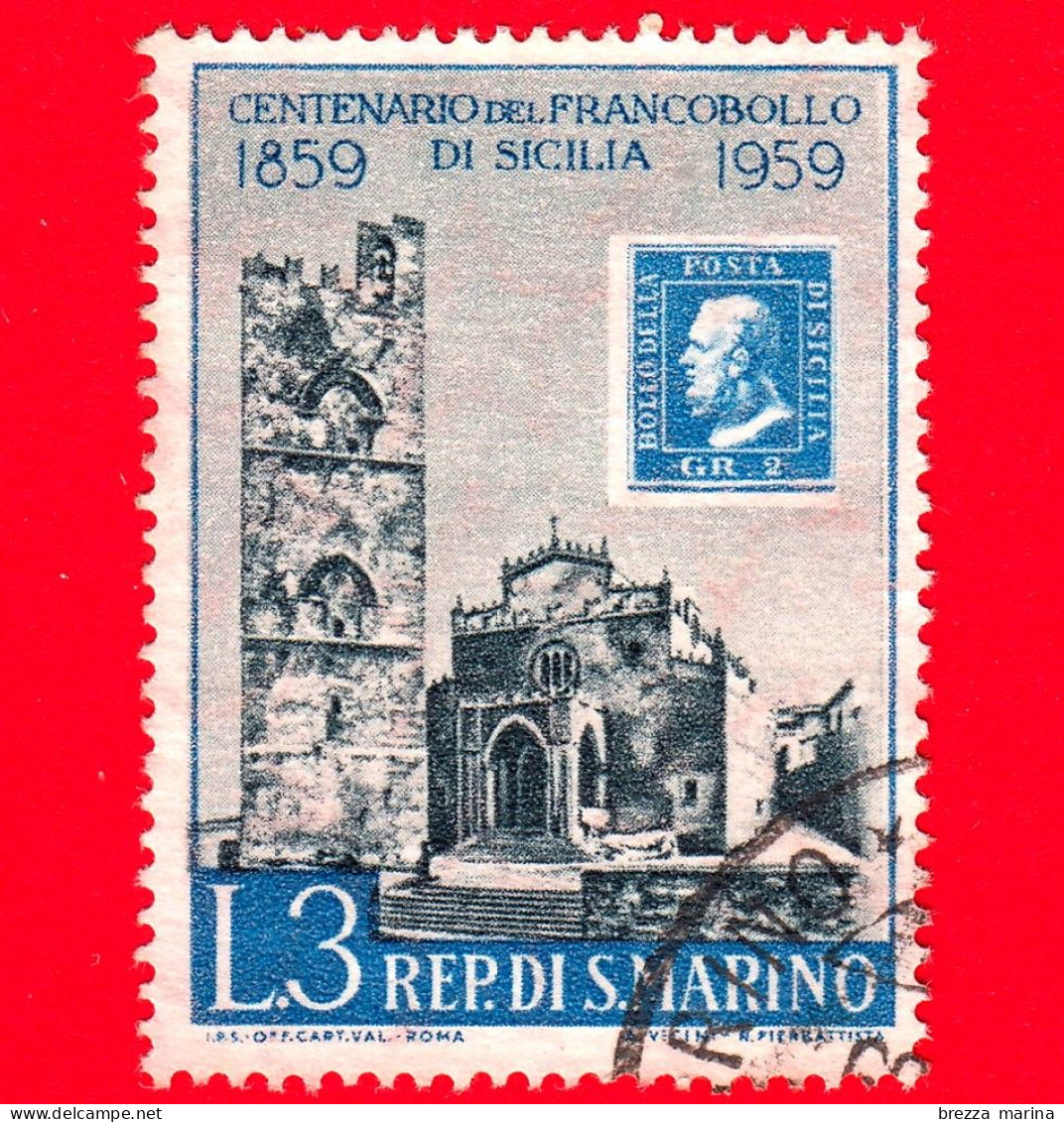 SAN MARINO - Usato - 1959 - Centenario Dei Francobolli Di Sicilia - Cattedrale Di Erice - 3 L. - Gebruikt