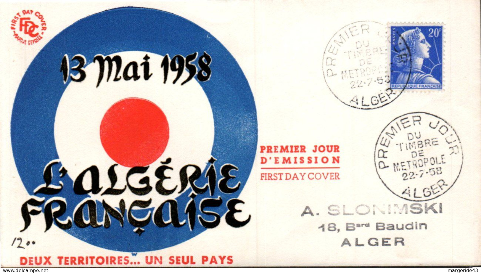 ALGERIE FDC 1958 MULLER - ALGERIE FRANCAISE - Lettres & Documents