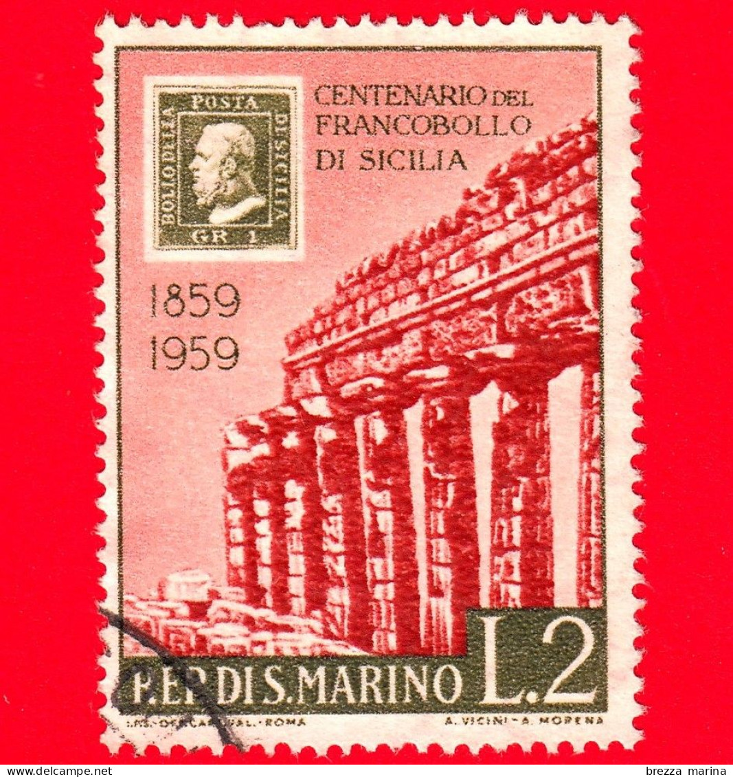 SAN MARINO - Usato - 1959 - Centenario Dei Francobolli Di Sicilia - Tempio Di Selinunte - 2 L. - Oblitérés