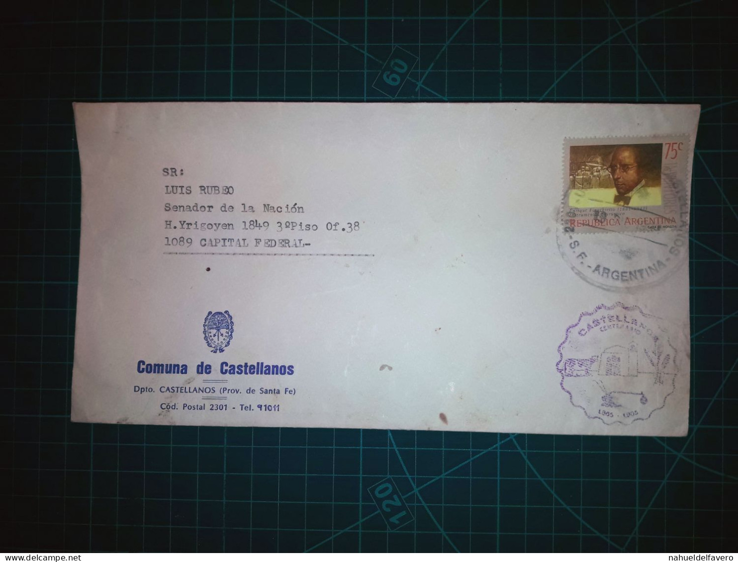 ARGENTINE, Enveloppe De "Comuna De Castellanos" Distribuée à Capital Federal . Timbre-poste : Enrique Finochiettto - Oblitérés