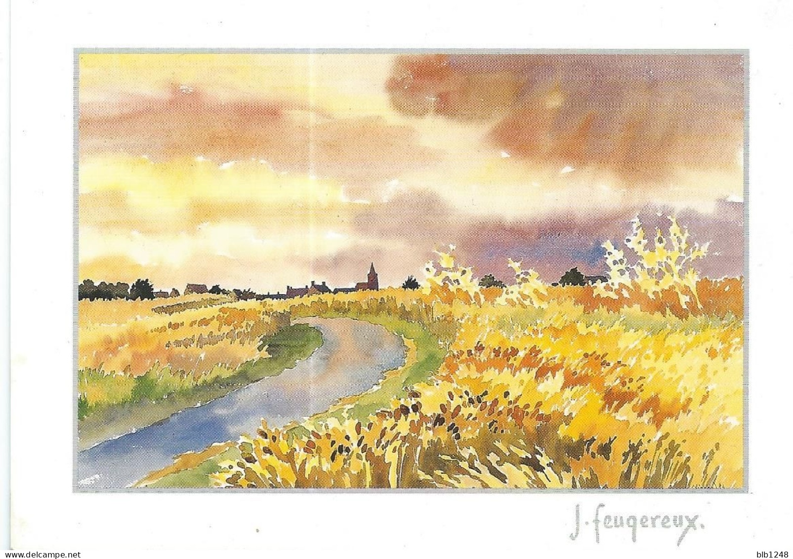 CP Arts > Peintures & Tableaux  Aquarelle De Jean Feugereux Village Dans La Plaine - Malerei & Gemälde