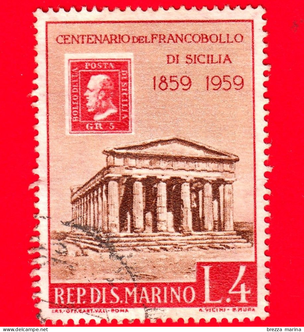 SAN MARINO - Usato - 1959 - Centenario Dei Francobolli Di Sicilia - Tempio Della Concordia, Ad Agrigento - 4 L. - Usados