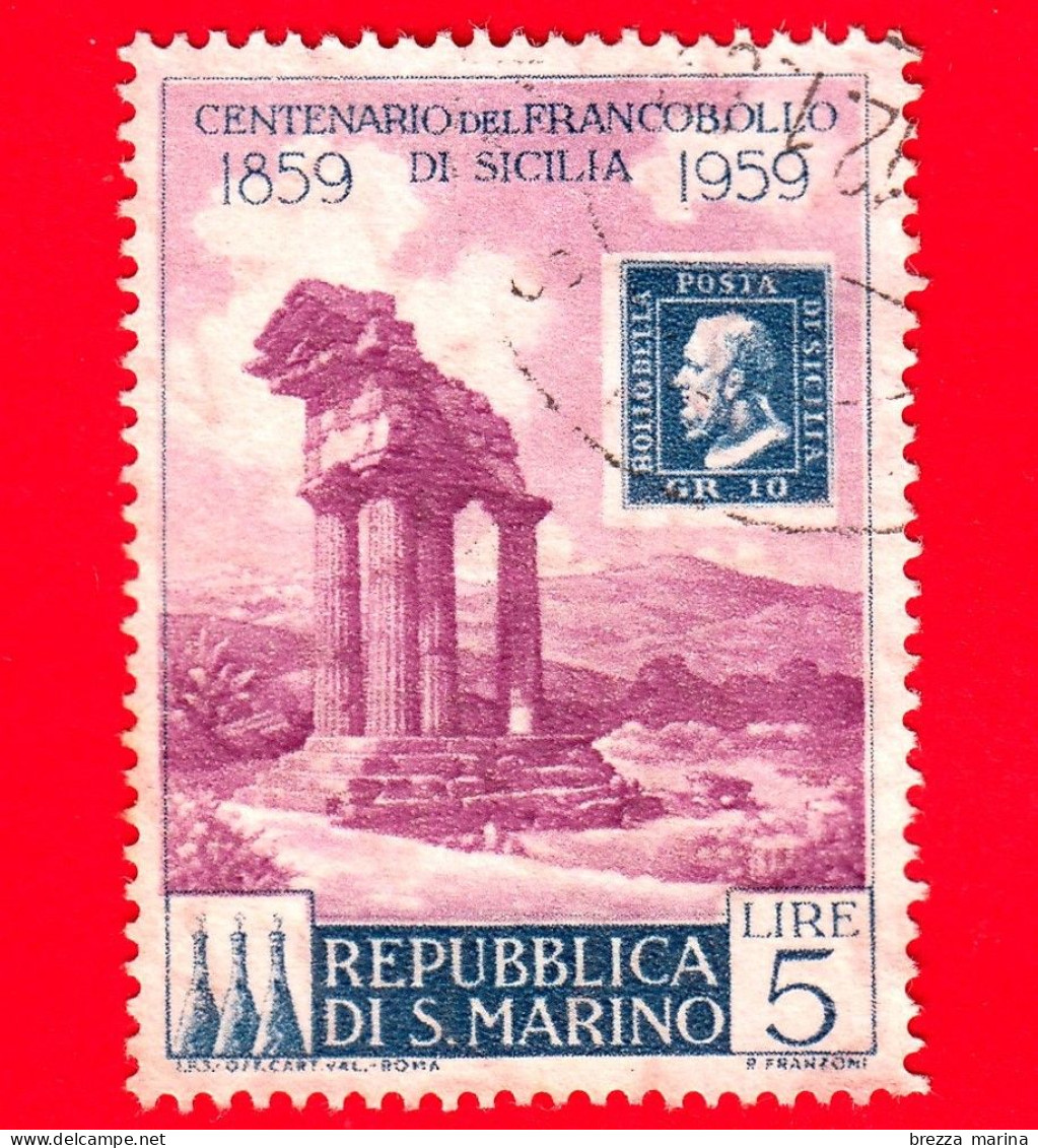 SAN MARINO - Usato - 1959 - Centenario Dei Francobolli Di Sicilia - Tempio Di Castore, Ad Agrigento - 5 L. - Usati