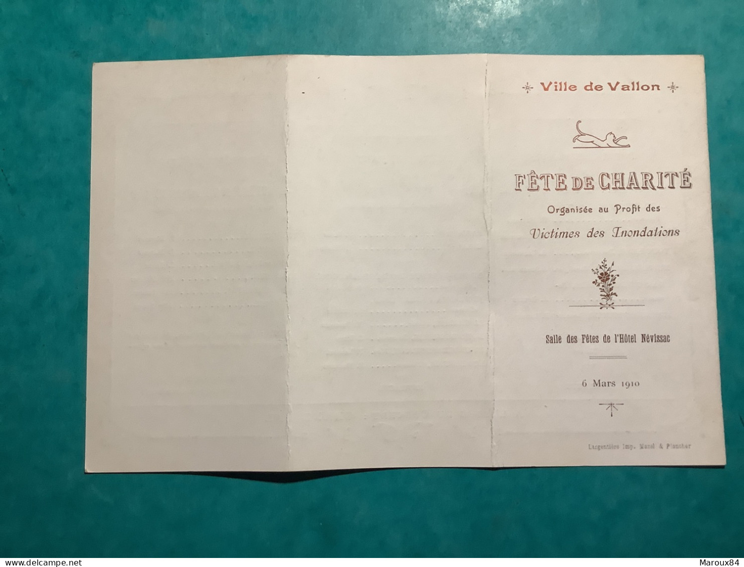 07/ Ville De Vallon Programme Fête De La Charité Organisee Au Profit Des Victimes Des Inondations  Mars 1910 - Programma's
