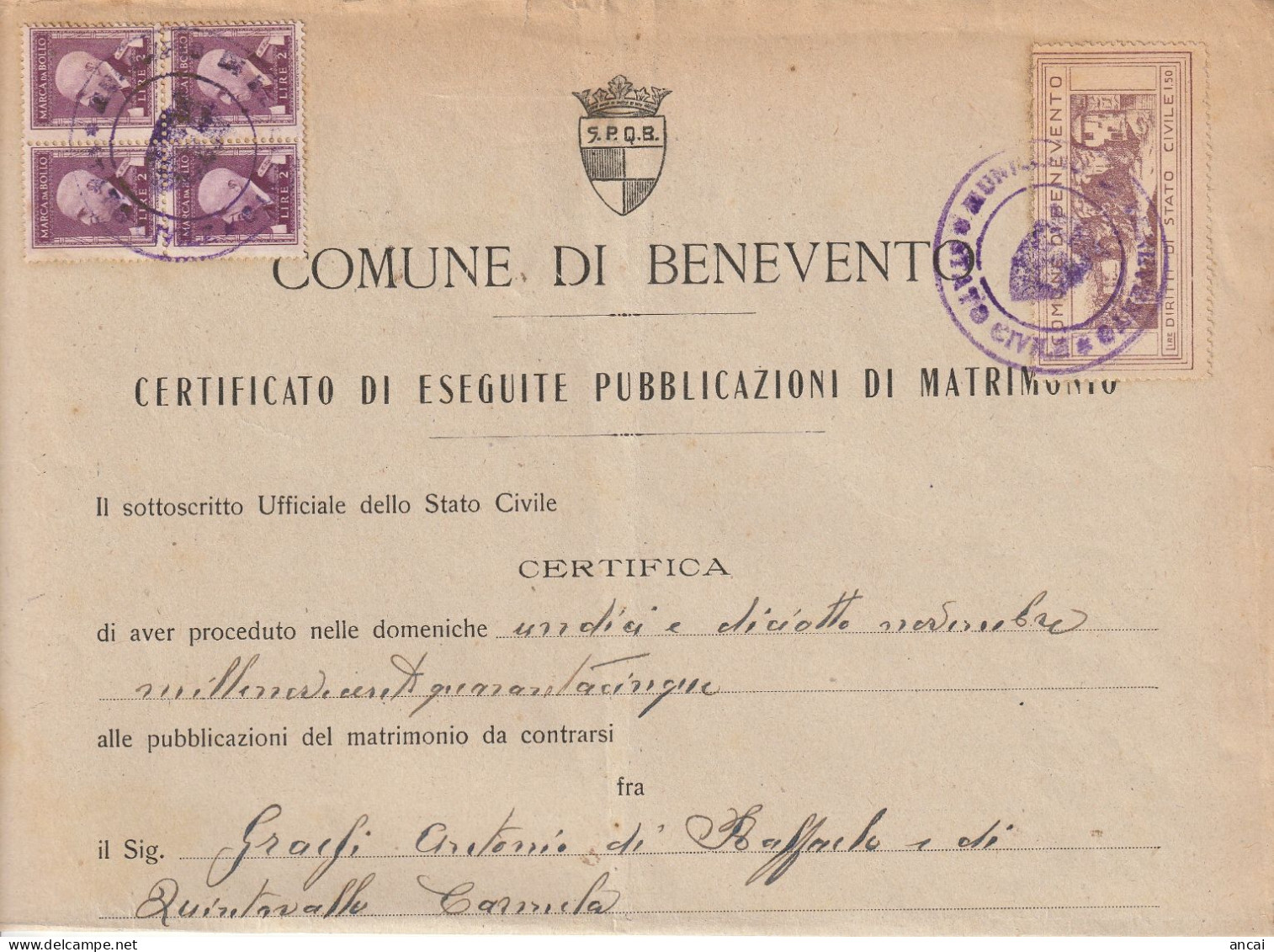 Italy. Benevento. 1945. Marca Municipale (comunale) DIRITTI DI STATO CIVILE L. 1,50 (senza Fasci), Su Documento - Unclassified