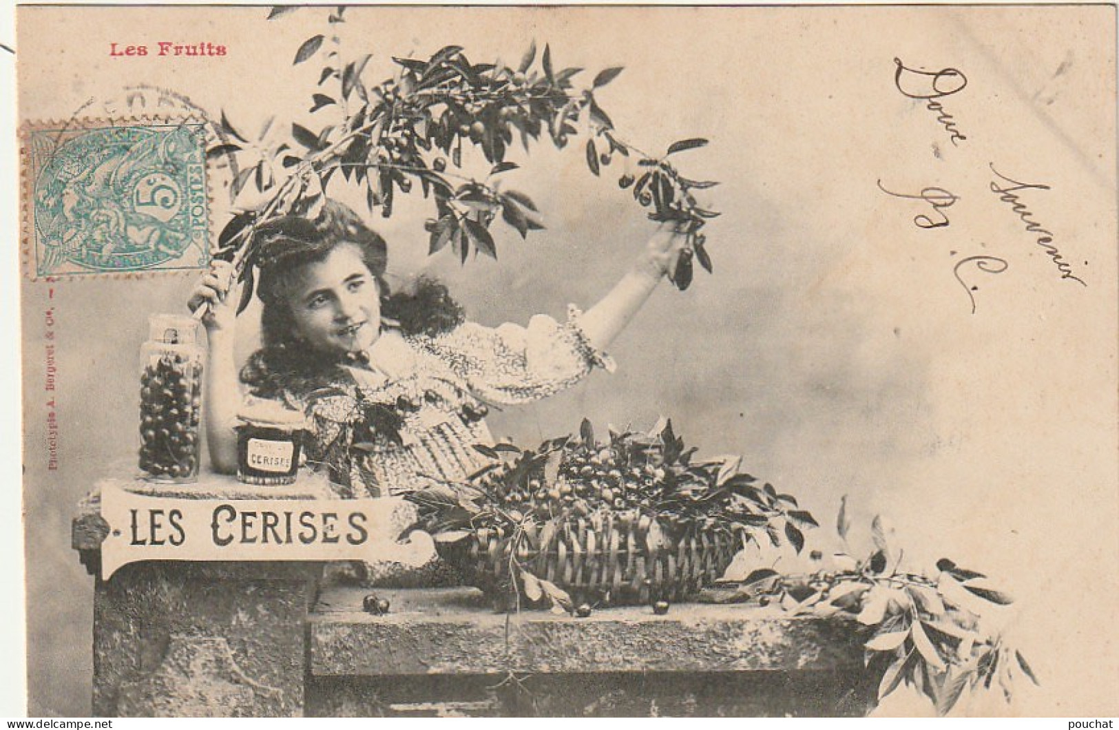Z+ 27- LES FRUITS - " LES CERISES " - FILLETTE AVEC BRANCHE DE CERISIER ET CORBEILLE DE CERISES - BERGERET - 2 SCANS - Retratos