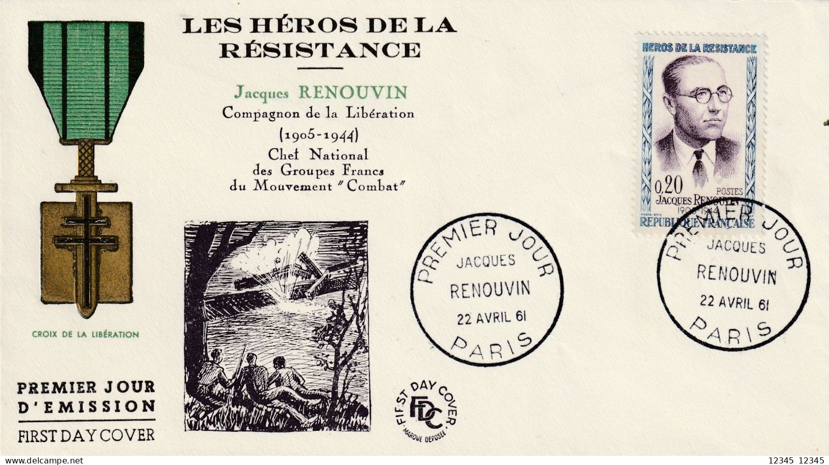 Frankrijk 1961, FDC Unused, Jacques Renouvin (1905-1944), Lawyer, Resistance Fighters - 1960-1969