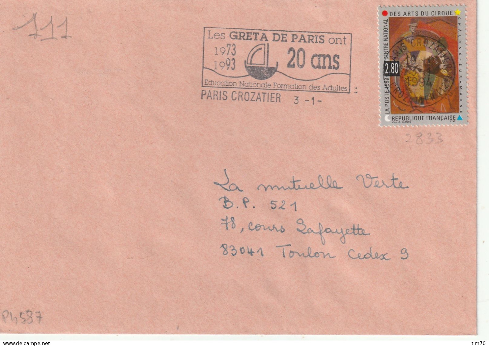 FLAMME TEMPORAIRE  PARIS  CROZATIER      / N°  2833 - Mechanical Postmarks (Advertisement)