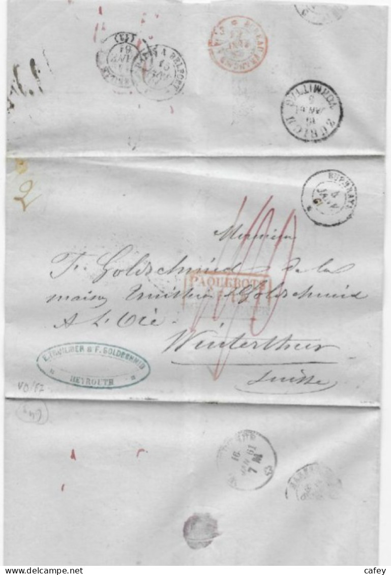 Lettre De BEYROUTH 1861 Cachet Maritime Paquebot De La Méditerranée EUPHRATE P / SUISSE Verso Bureau FR. A BALE - Maritieme Post
