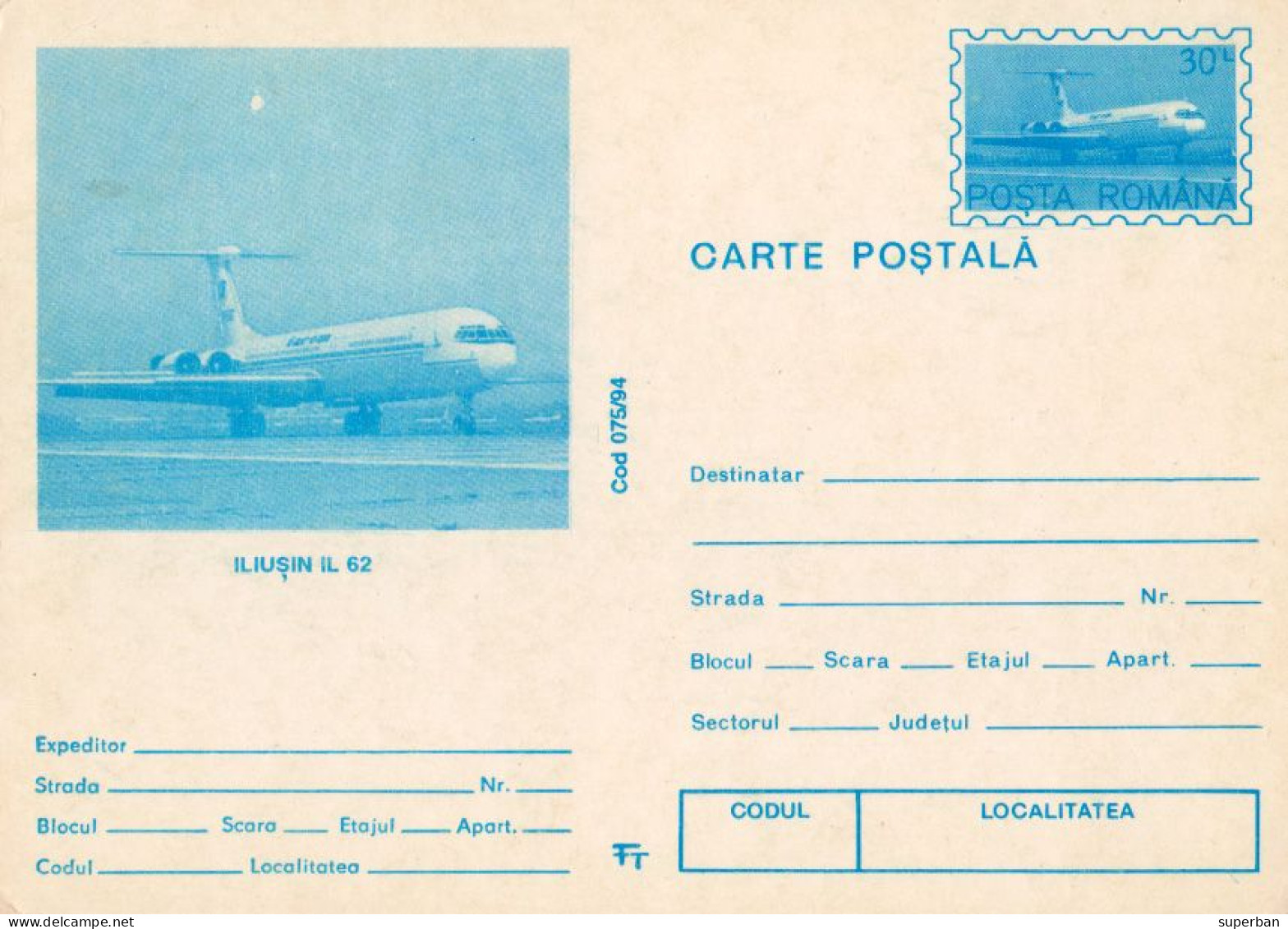 ROMANIA : AVION / AIRPLANE ILIUSHIN IL 62 - ENTIER POSTAL ILLUSTRÉ / STATIONERY PICTURE POSTCARD - 1994 : 30 LEI (an678) - Ganzsachen