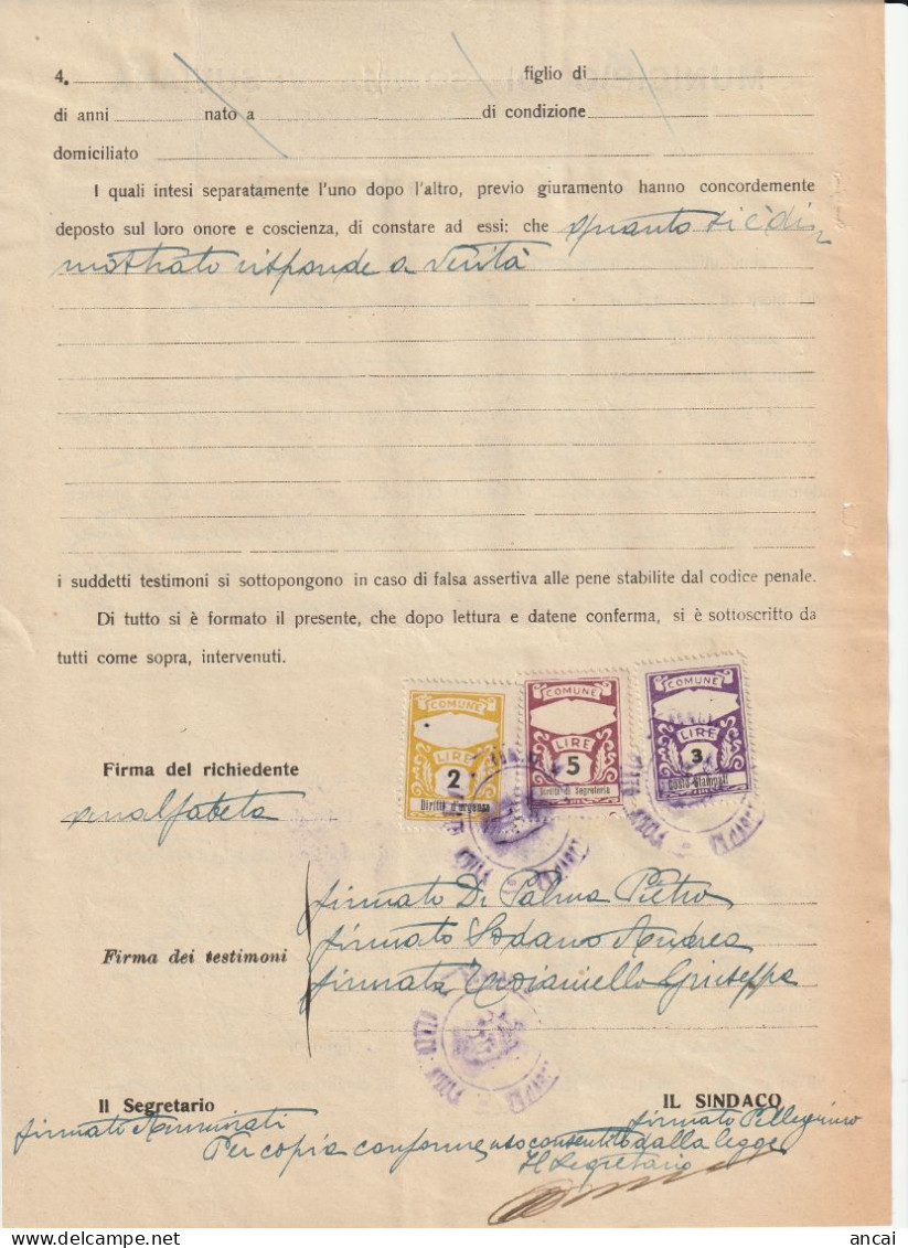 Italy. Somma Vesuviana. 1947. Marche Municipali (comunale) DIRITTI DI SEGRETERIA + URGENZA + STAMPATI, Su Documento - Non Classés