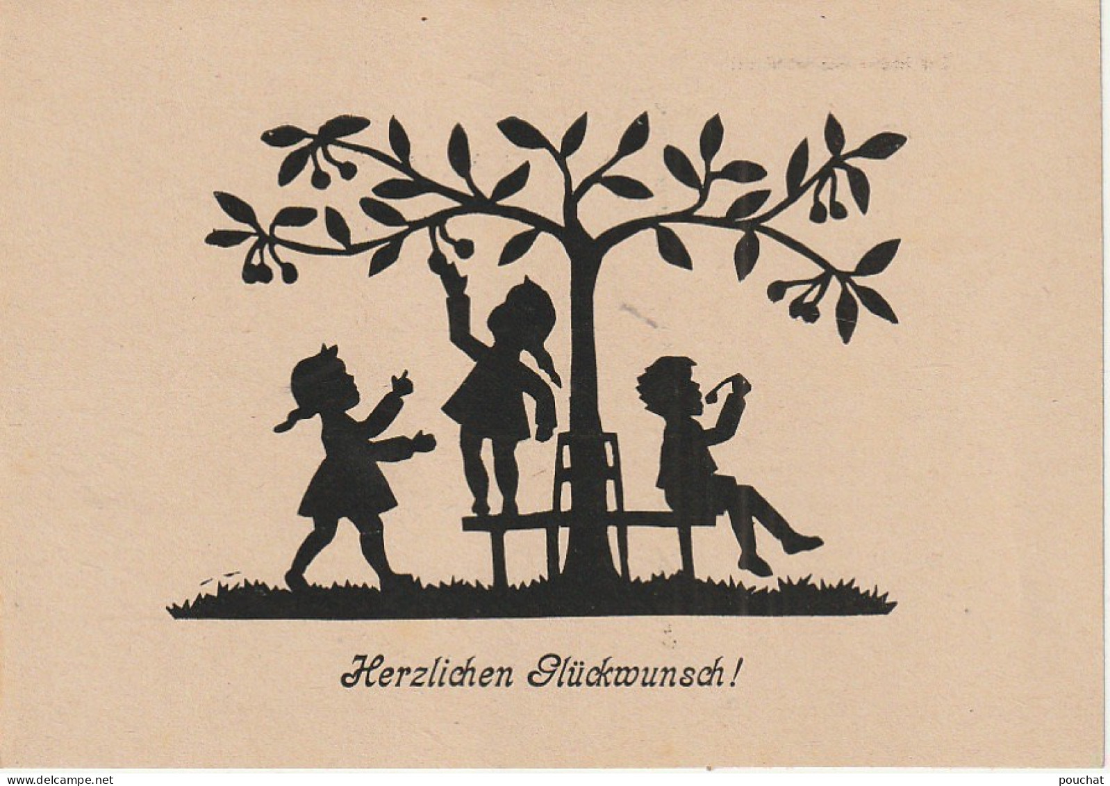 Z+ Nw 33- " HERZLICHEN GLUCKWUNSCH " - TRIO DE LUTINS CUEILLANT DES CERISES - SILHOUETTES  - ILLUSTRATEUR - Silhouette - Scissor-type