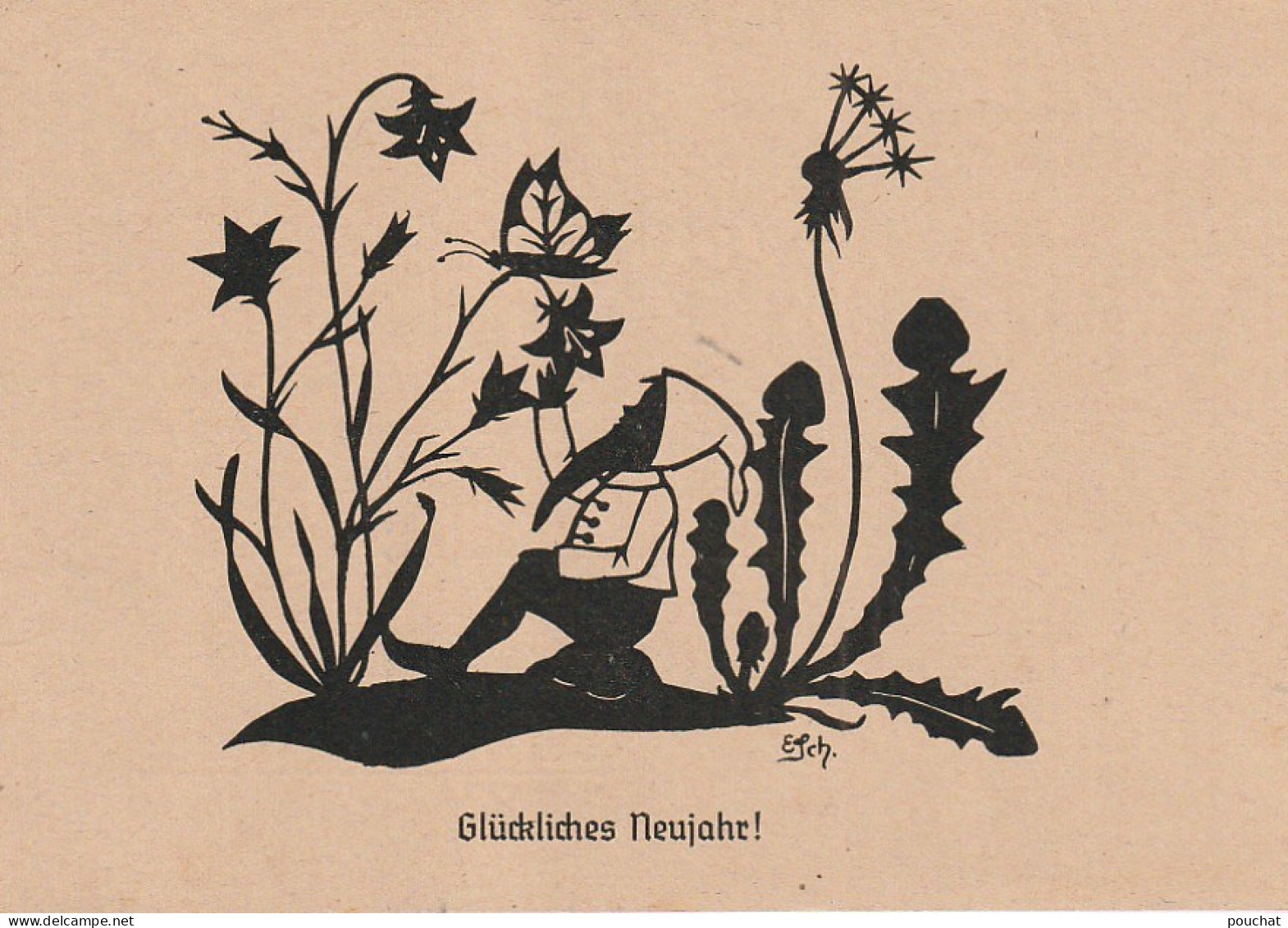 Z+ Nw 33- " GLUCKLICHES NEUJAHR " - LUTIN AVEC PAPILLON ET FLEURS CHAMPETRES , PISSENLIT  - SILHOUETTES - ILLUSTRATEUR - Silueta