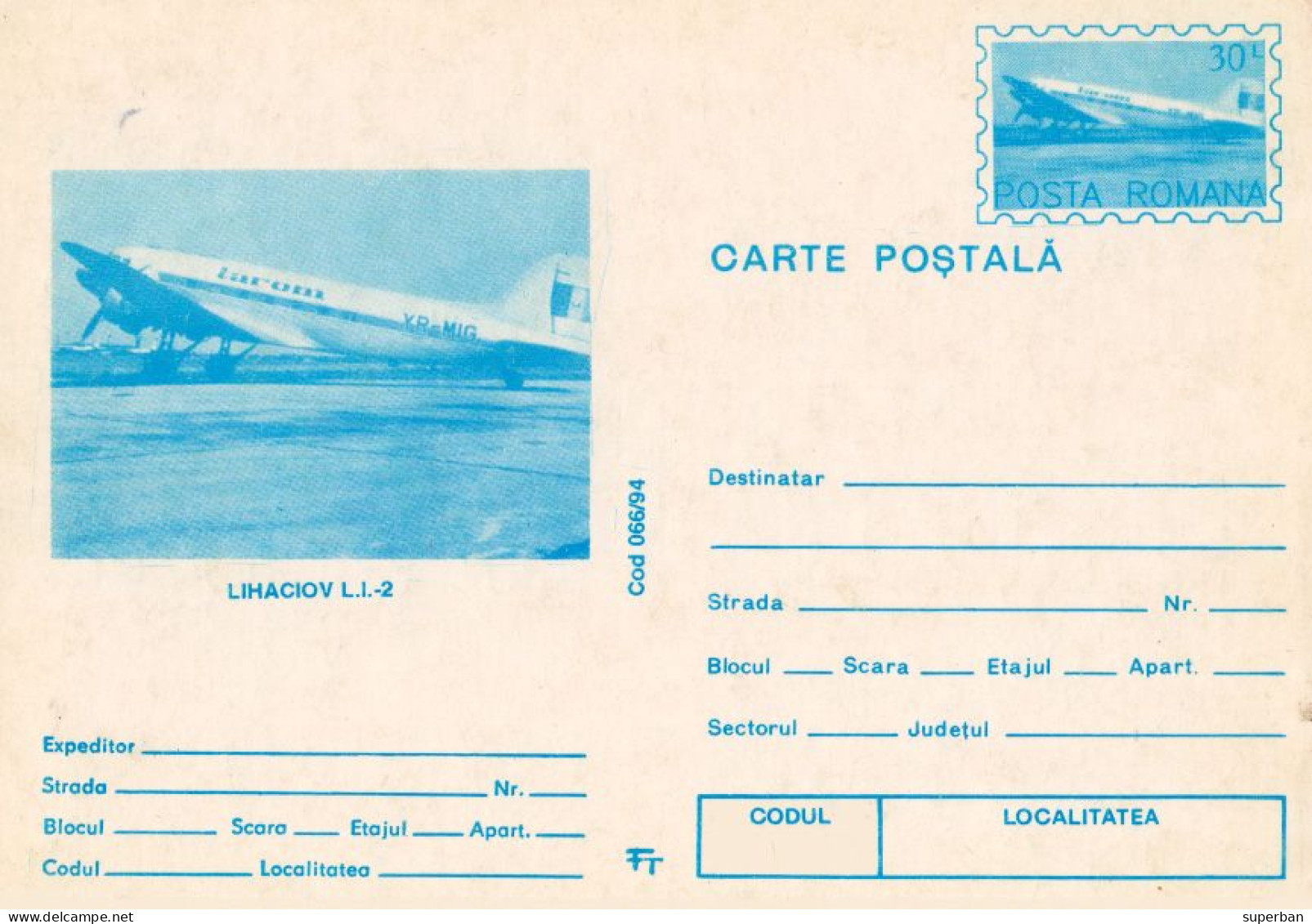 ROMANIA : AVION / AIRPLANE LIHACIOV LI-2 - ENTIER POSTAL ILLUSTRÉ / STATIONERY PICTURE POSTCARD - 1994 : 30 LEI (an679) - Postal Stationery