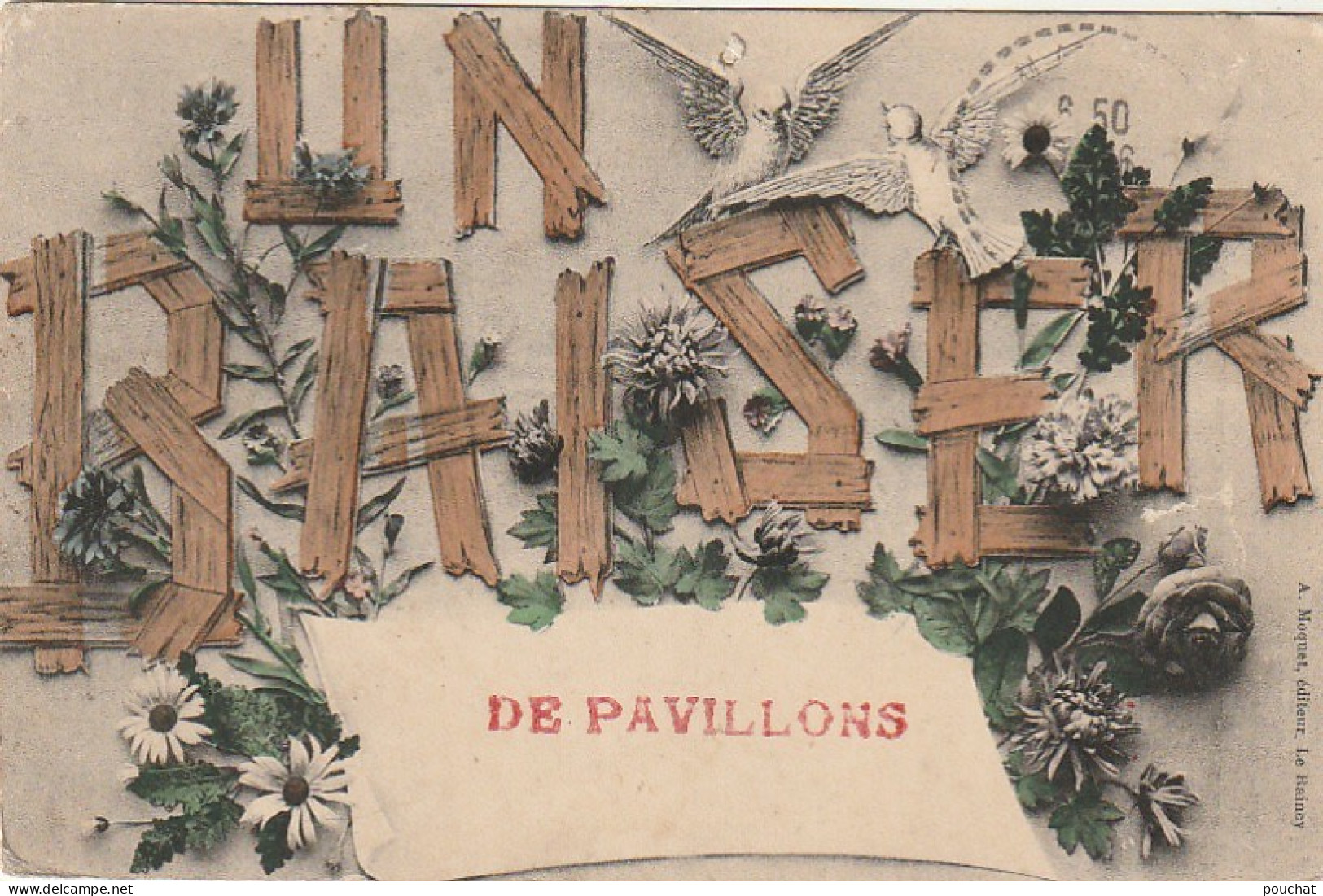 Z+ Nw35-(93) UN BAISER DE PAVILLONS - CARTE FANTAISIE - DECOR FLEURS CHAMPETRES ET COUPLE DE COLOMBES - Greetings From...