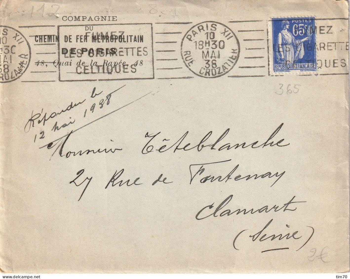 FLAMME  CONTINUE   PARIS  XII      / N°  365 - Mechanical Postmarks (Advertisement)