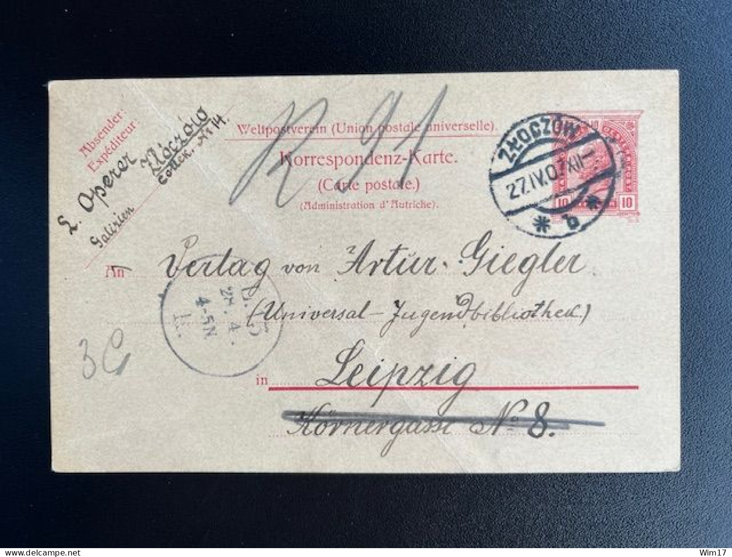 AUSTRIA 1907 POSTCARD ZLOCZOW ZOLOCHIV TO LEIPZIG 27-04-1907 OOSTENRIJK OSTERREICH - Briefkaarten