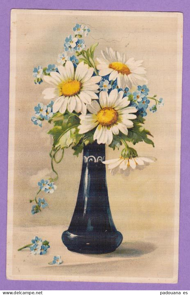 AD894 FANTAISIES FLEURS MARGUERITES MYOSOTIS VASE ART DECO CARTE ASPECT TOILEE - - Fleurs