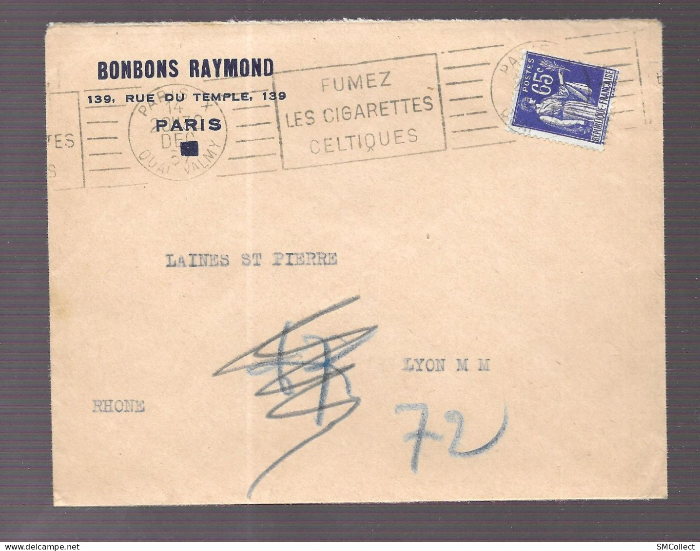 Paris 1937. Enveloppe à En-tête Des Bonbons Raymond, Voyagée Vers Lyon - 1921-1960: Période Moderne