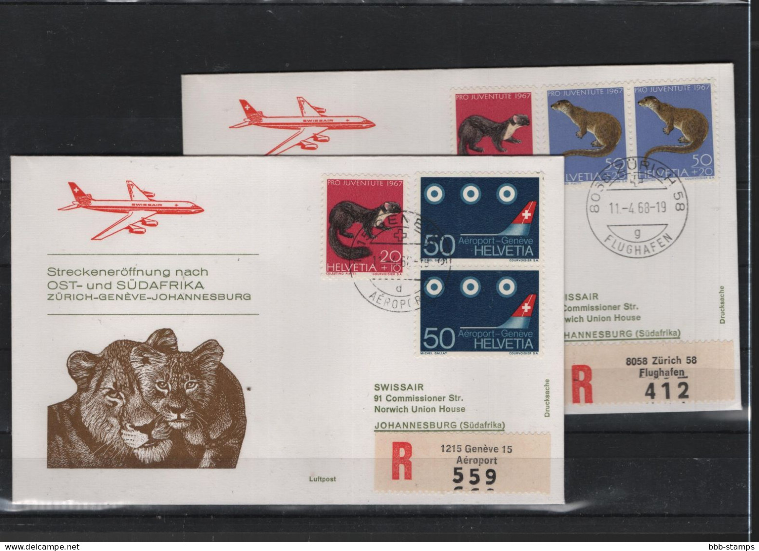 Schweiz Air Mail Swissair  FFC  11.4.1968 Zürich - Genf - Joannisburg VV - Erst- U. Sonderflugbriefe