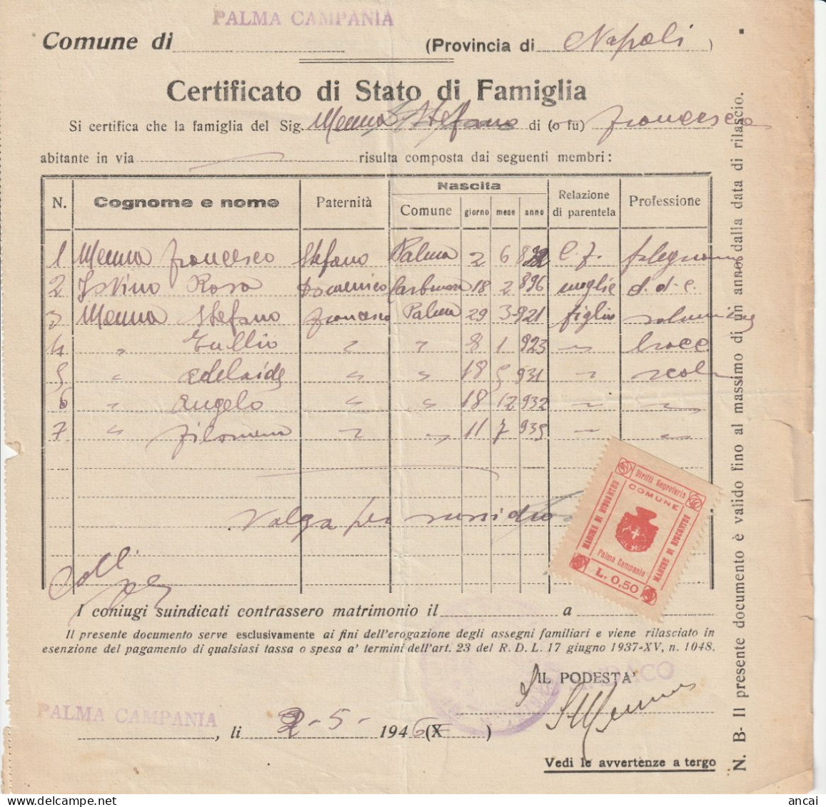 Italy. Palma Campania. 1946. Marca Municipale (comunale) DIRITTI DI SEGRETERIA L. 0.50, Su Documento - Unclassified