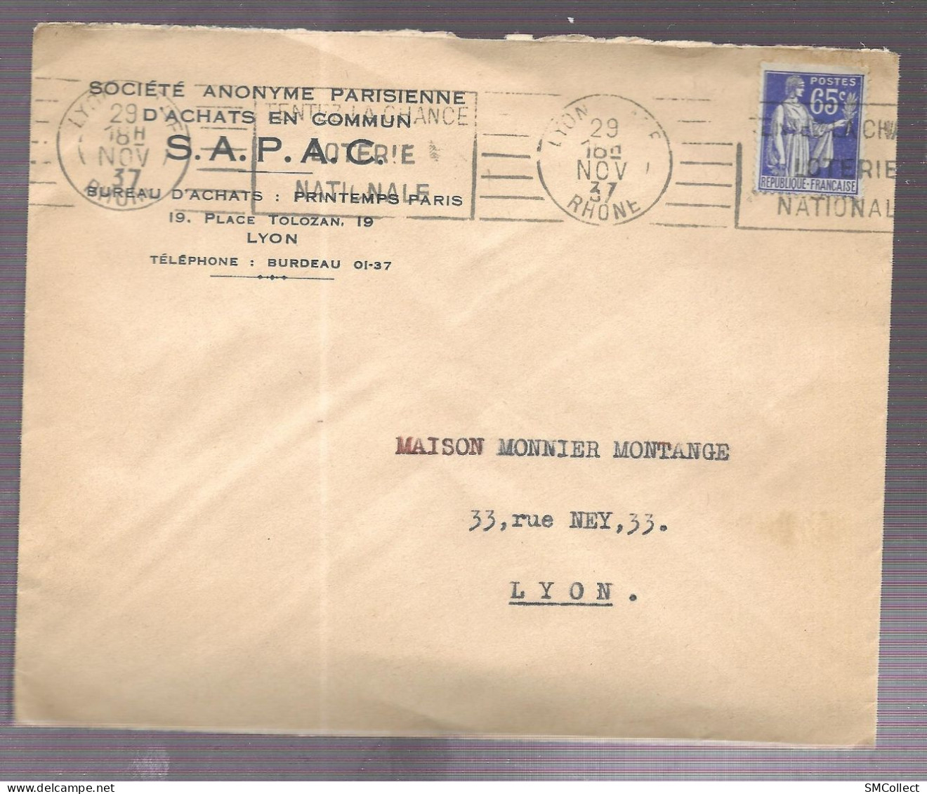 Lyon 1937. Enveloppe à En-tête De La Société Anonyme Parisienne D'achats En Commun, Voyagée Intra Lyon - 1921-1960: Modern Period