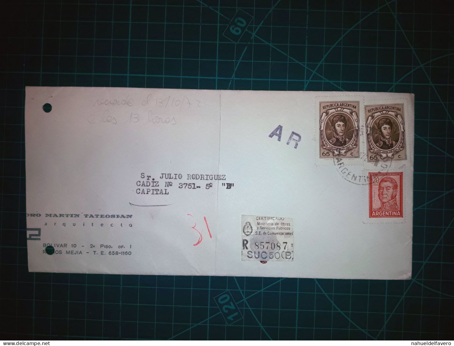 ARGENTINE, Enveloppe De "Arquitecto Martin Tateosian" Distribuée à Capital Federal. Timbre-Poste : Gral. Jose De San Mar - Used Stamps