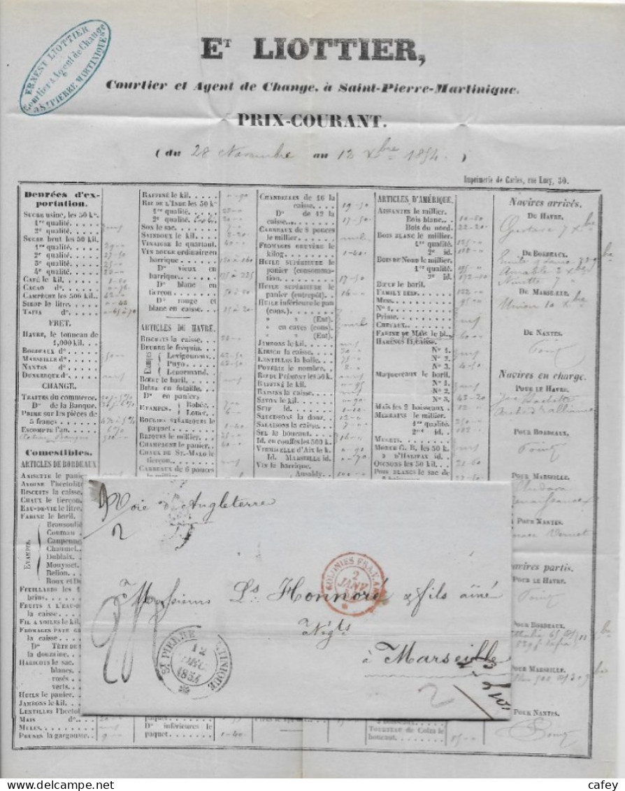 Lettre De ST PIERRE MARTINIQUE 1854 Taxe 24 (double Port) Càd Entrée Maritime Rouge COLONIES FRANCAISE + Texte - Brieven En Documenten