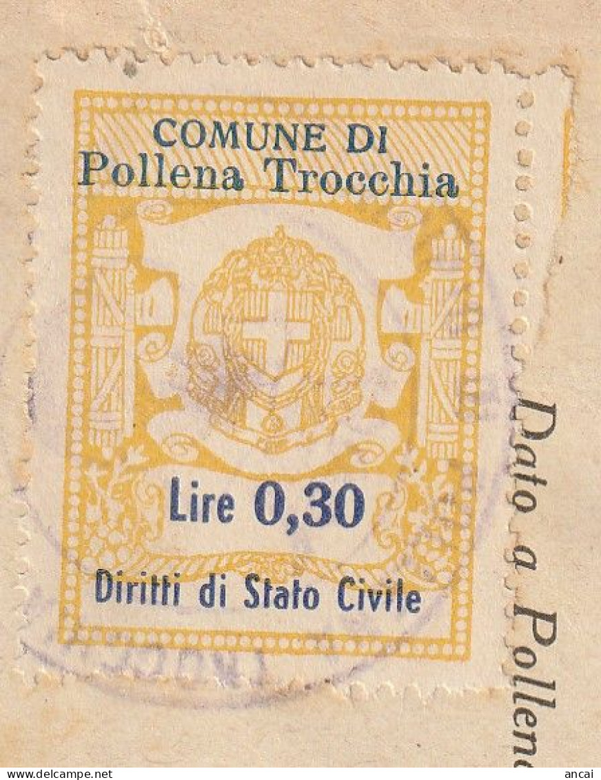 Italy. Pollena Trocchia. 1945. Marca Municipale (comunale) DIRITTI DI STATO CIVILE L. 0.30, Su Documento - Ohne Zuordnung