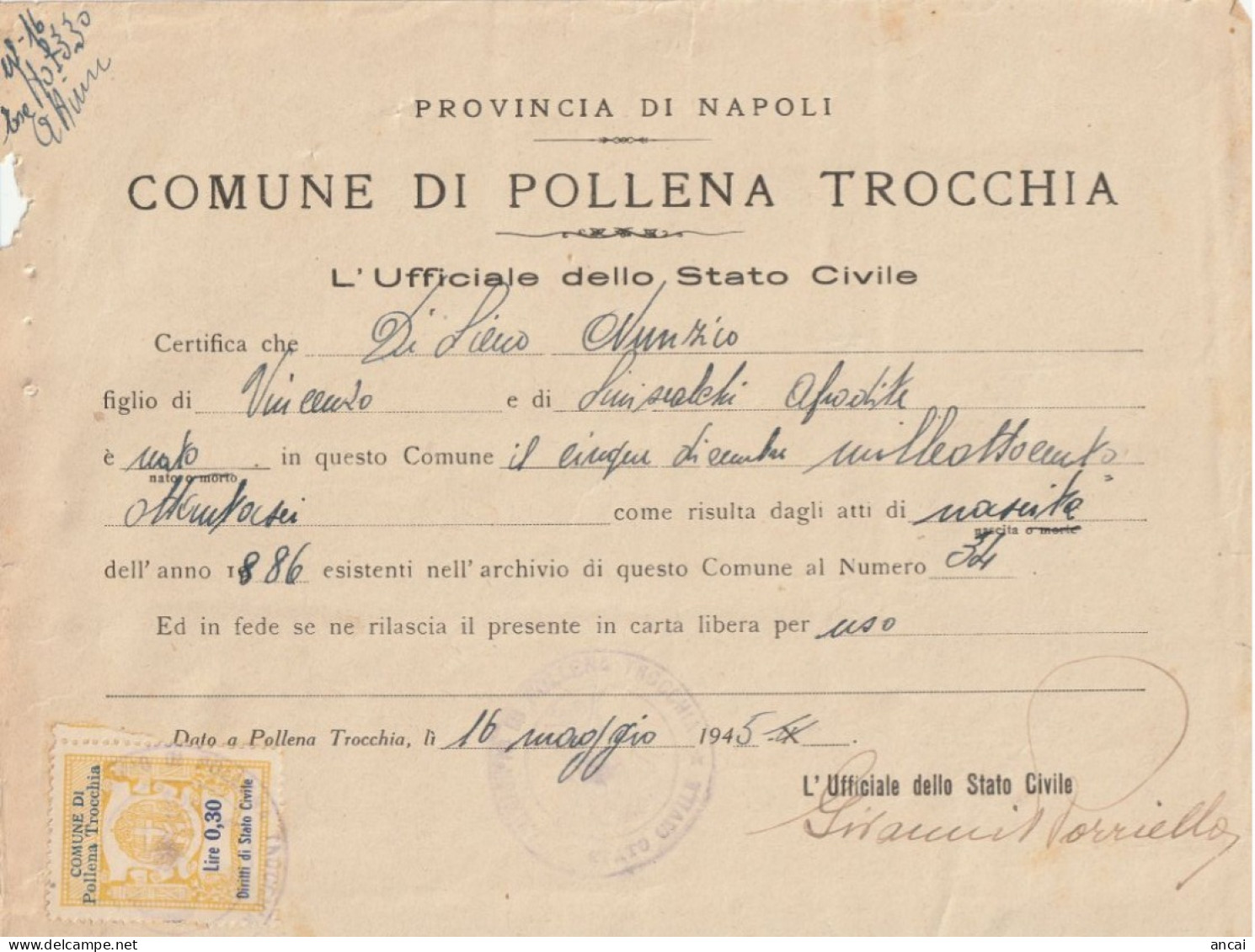 Italy. Pollena Trocchia. 1945. Marca Municipale (comunale) DIRITTI DI STATO CIVILE L. 0.30, Su Documento - Ohne Zuordnung