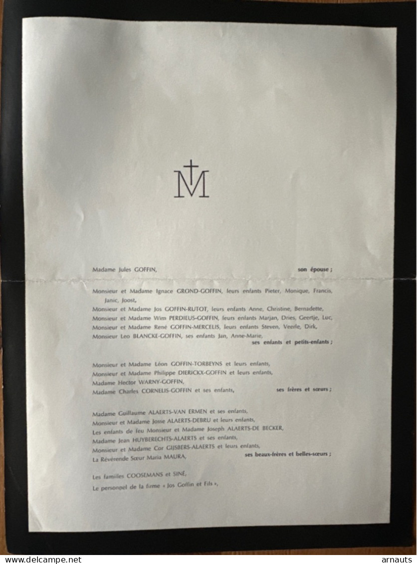 Mr Jules Goffin Epoux Alaerts Marie-Justine *1894 Louvain +1963 Leuven Kessel-lo Perdieus Blancke Torbeyns Grond - Todesanzeige