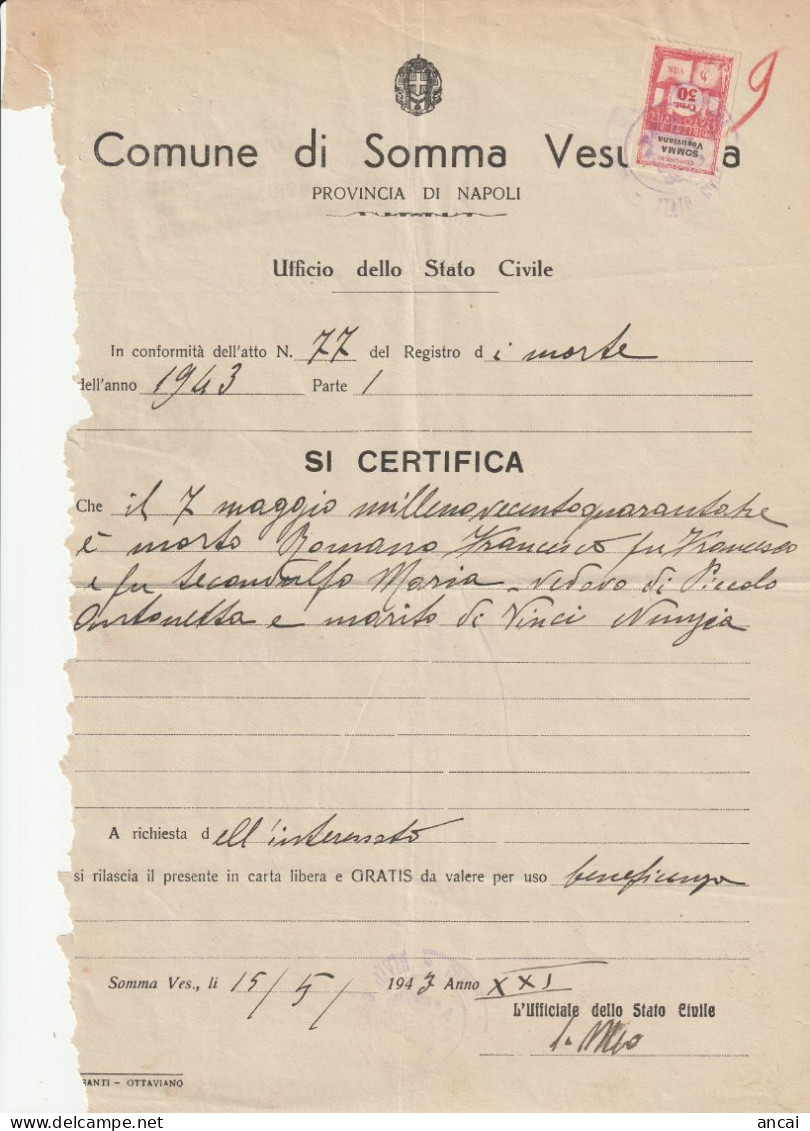 Italy. Somma Vesuviana. 1943. Marca Municipale (comunale) DIRITTI DI STATO CIVILE C. 30, Su Documento - Sin Clasificación