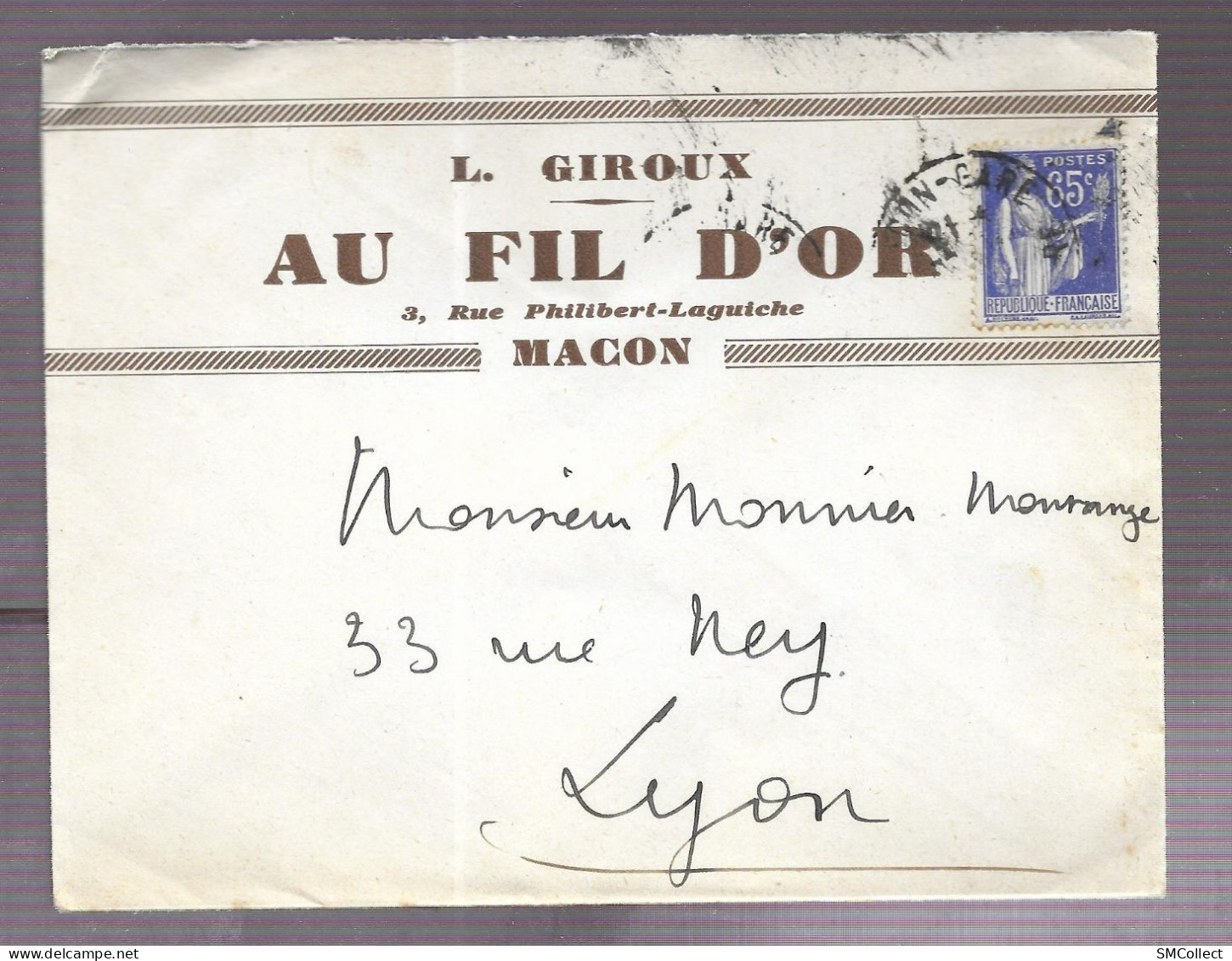 Macon 1937. Enveloppe à En-tête L. Giroux, Au Fil D'or, Voyagée Vers Lyon - 1921-1960: Periodo Moderno