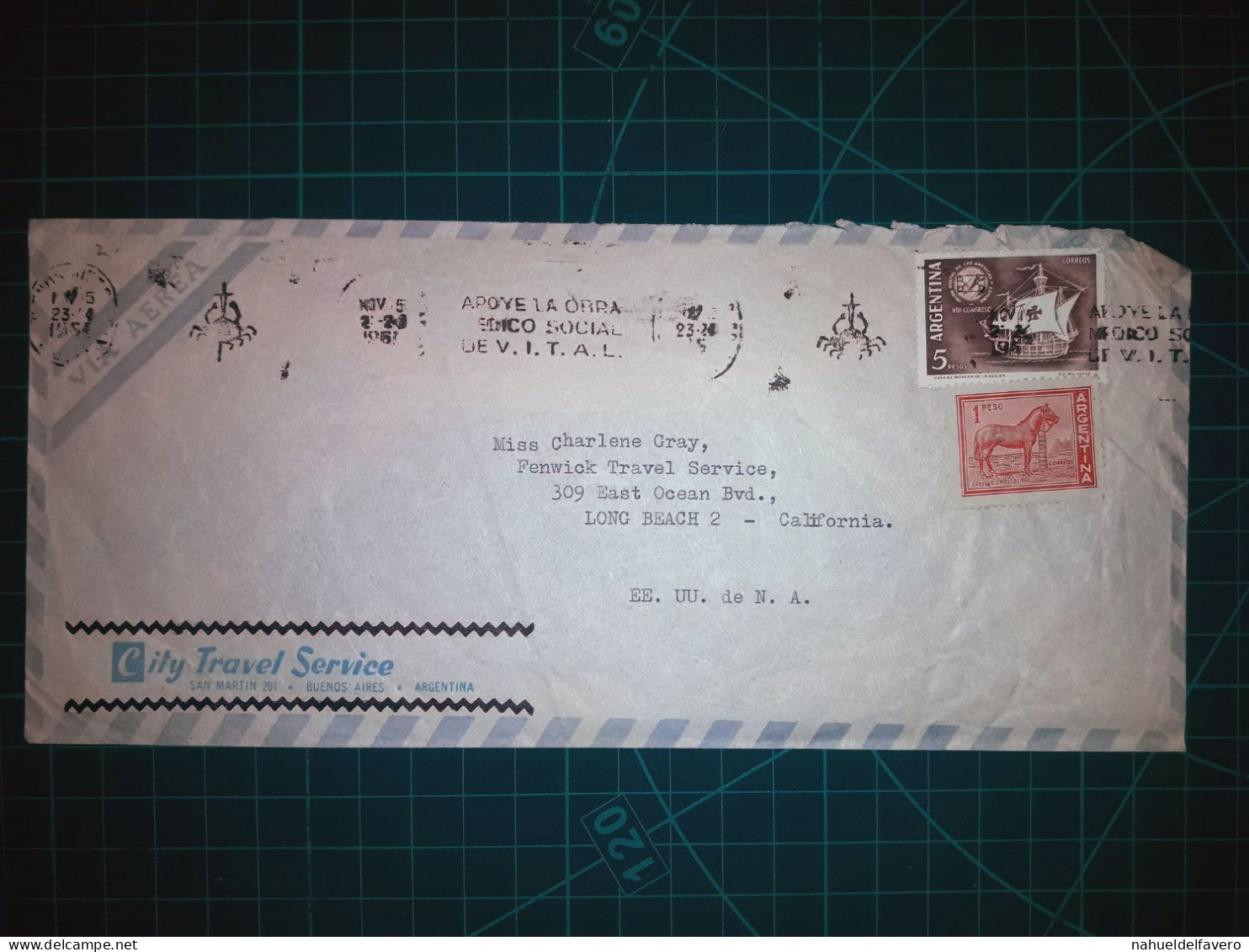 ARGENTINE, Enveloppe De "City Travel Service" Distribuée à Long Beach, California. Timbre-Poste : Cheval Créole Et Autre - Oblitérés