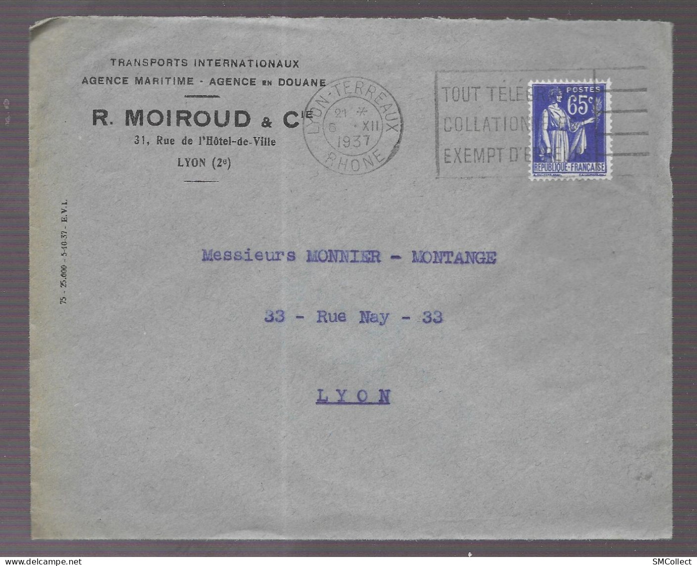 Lyon 1937. Enveloppe à En-tête R. Moiroud, Agence Maritime Et Agence En Douane, Voyagée Intra Lyon - 1921-1960: Modern Period