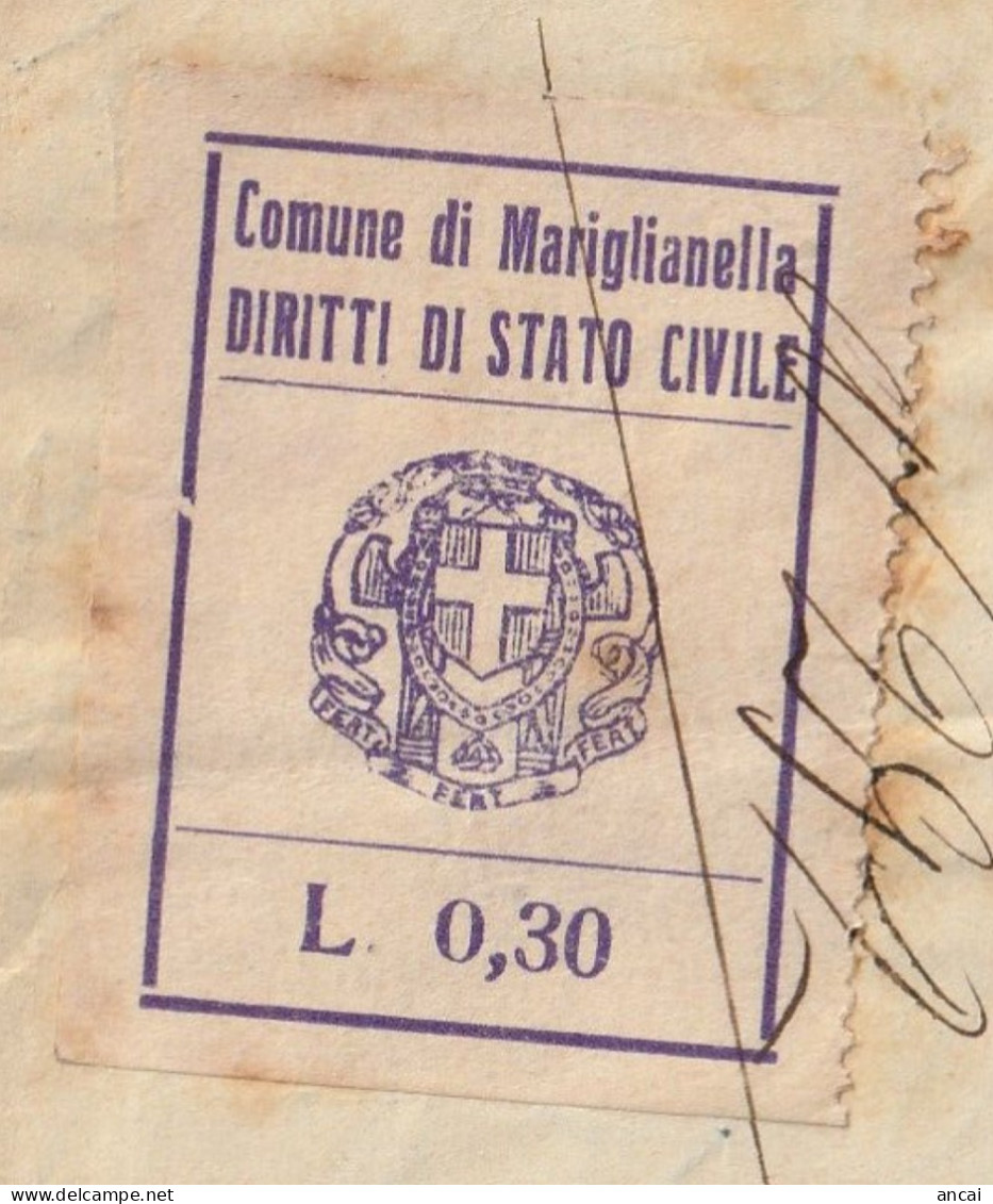 Italy. Mariglianella. 1939. Marca Municipale (comunale) DIRITTI DI STATO CIVILE L. 0,30, Su Documento - Unclassified