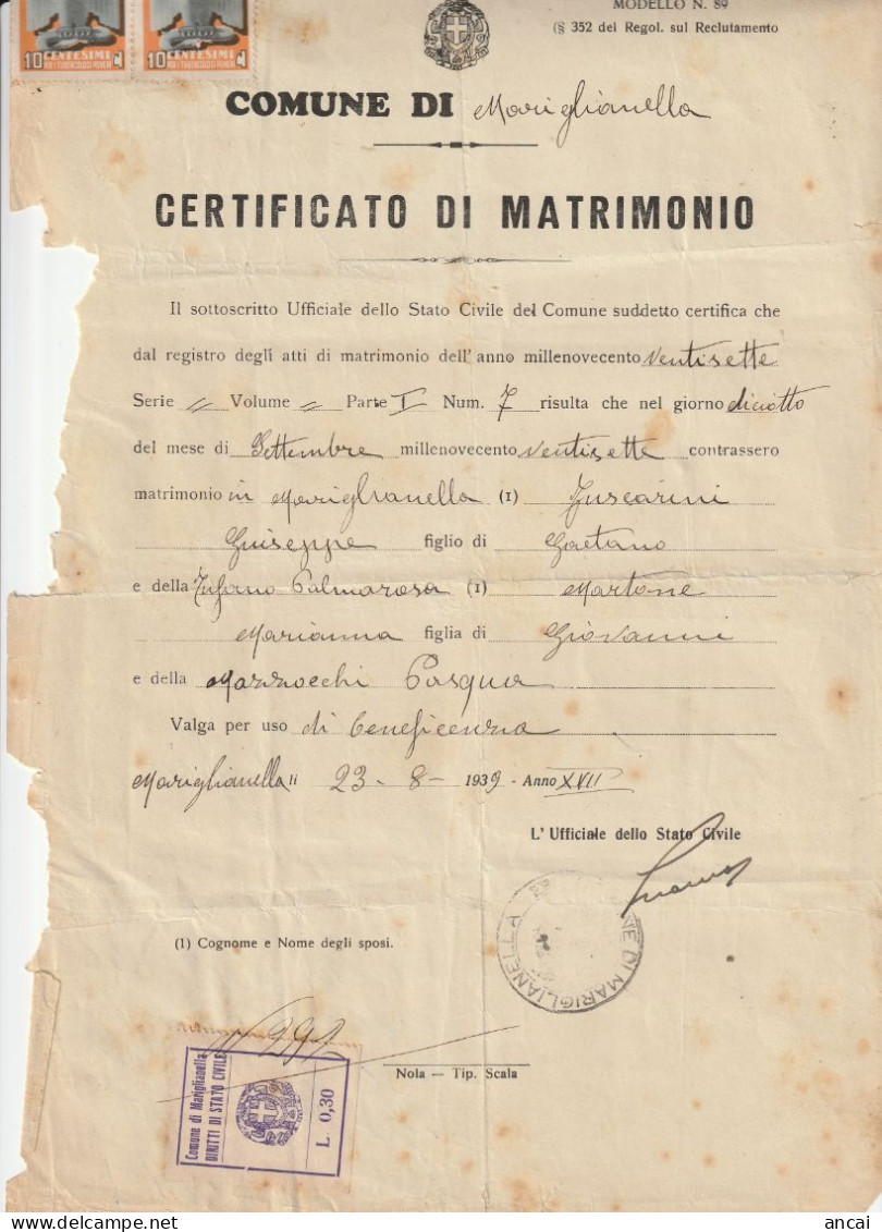 Italy. Mariglianella. 1939. Marca Municipale (comunale) DIRITTI DI STATO CIVILE L. 0,30, Su Documento - Non Classificati