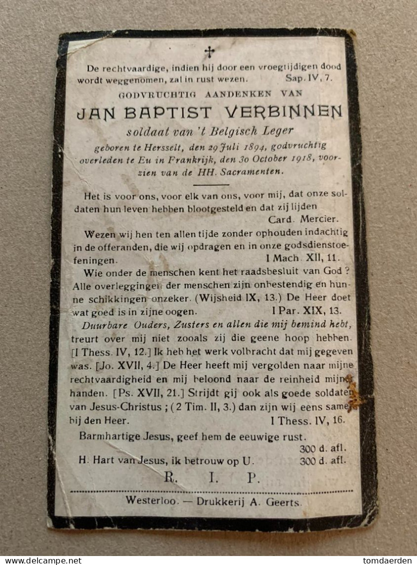 BP Jan Baptist Verbinnen Hersselt Herselt WOI 1894 Eu Frankrijk 1918 Gesneuveld Slagveld Oorlogslachtoffer 14-18 - Imágenes Religiosas