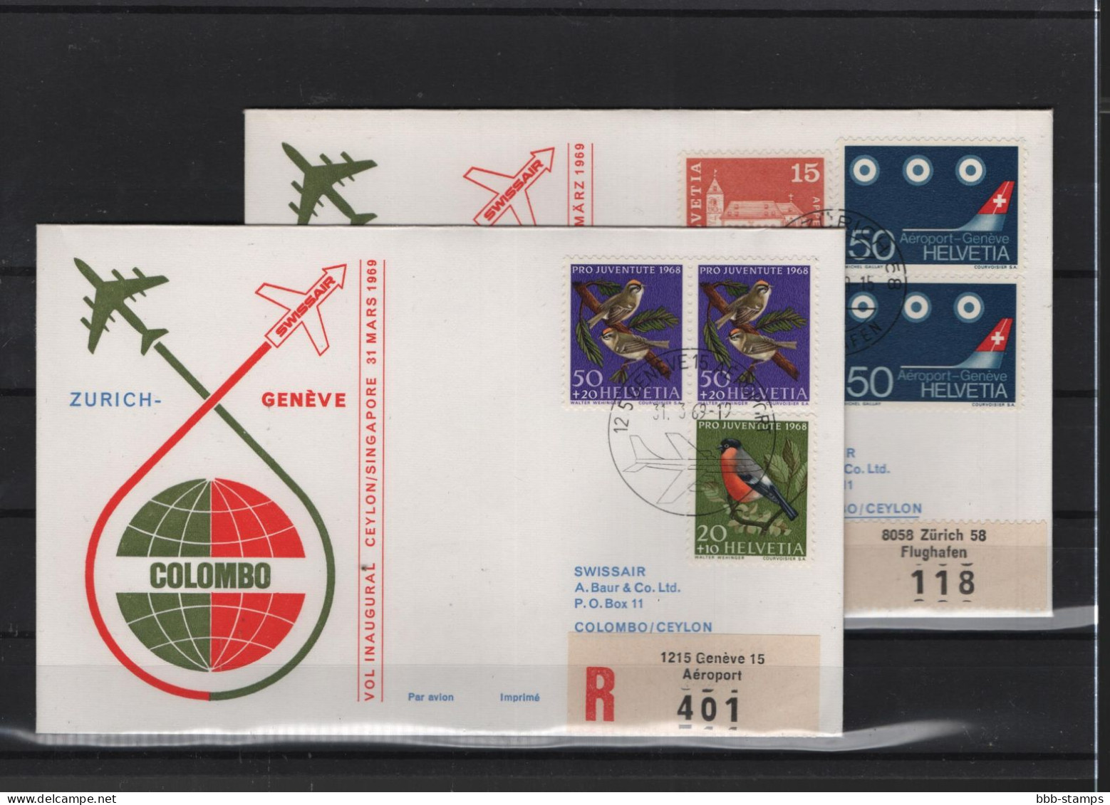 Schweiz Air Mail Swissair  FFC  31.3.1969 Zürich - Genf - Colombo VV - Premiers Vols