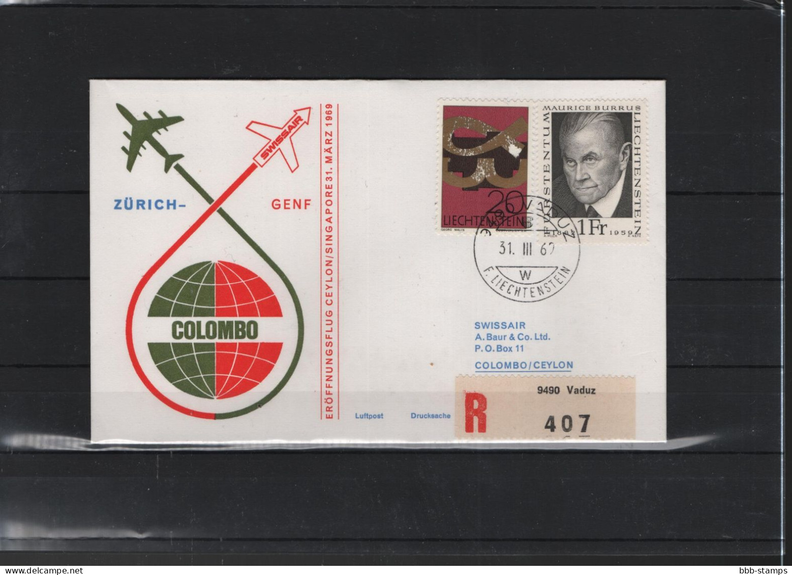 Schweiz Air Mail Swissair  FFC  31.3.1969 Zürich - Genf - Colombo VV - Premiers Vols